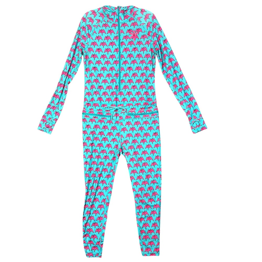 Airblaster Unisex Ninja Suit Base Layer Teal Pink Bat Print Hooded Medium Neon
